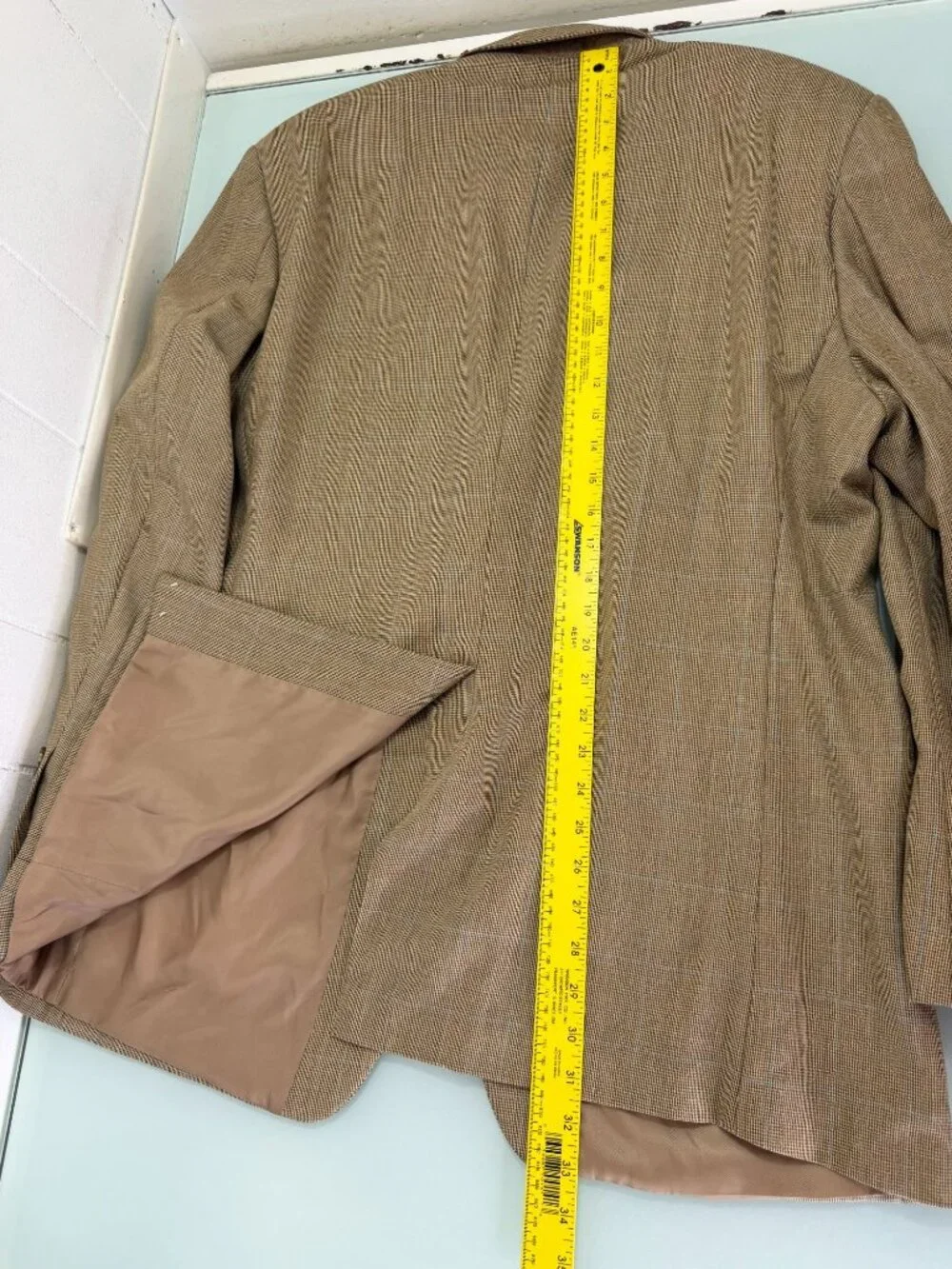 Lauren Ralph Lauren Blazer Jacket Mens 44R Silk Wool Windowpane Beige Sport Coat